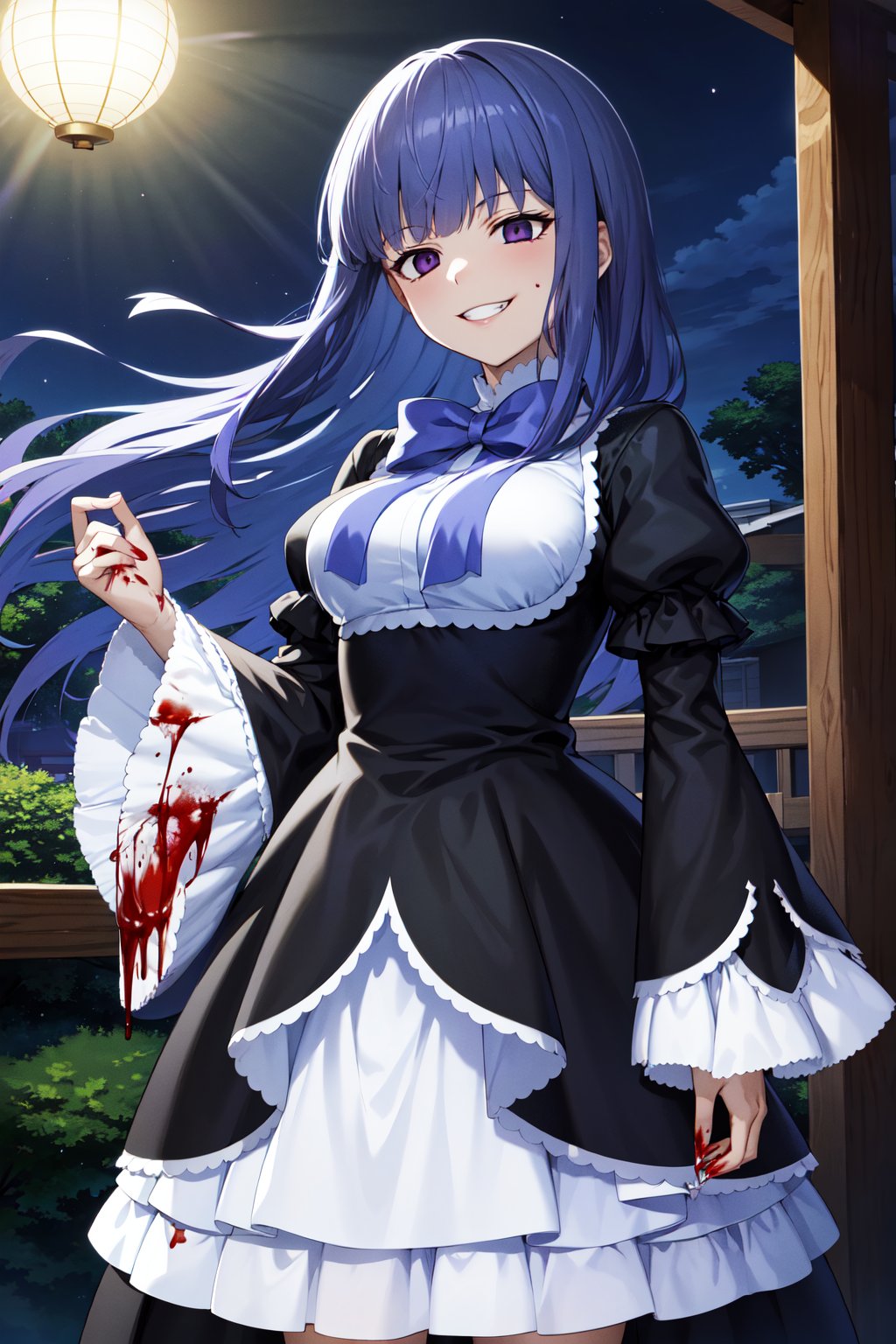 masterpiece, best quality, highres, aabern, long hair, blue hair, blunt bangs, purple eyes, bowtie, frills, black dress, puffy sleeves, short over long sleeves, long sleeves, <lora:frederica_bernkastel_v1:0.7>, grin, smirk, night, standing, (blood:1.2), outdoors