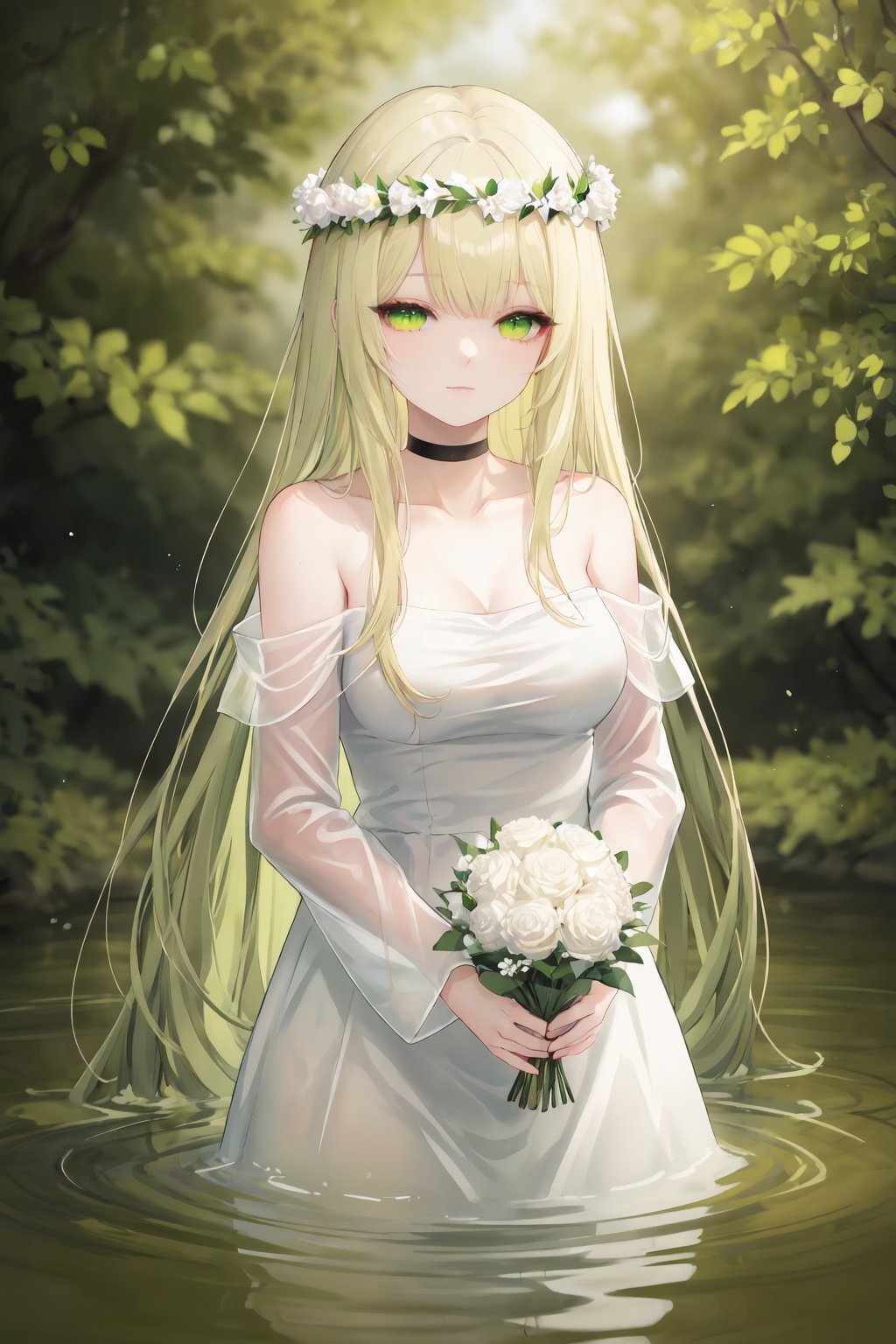 1girl, long hair, solo, flower, bug, butterfly, water, very long hair, white dress, head wreath, holding, bangs, bouquet, white flower, blurry, breasts, bare shoulders, looking at viewer, choker, green eyes, nature, wading, outdoors, blurry foreground, tree, blonde hair, depth of field, closed mouth, holding flower, long sleeves, collarbone, holding bouquet, green hair, see-through, yellow eyes, off shoulder, medium breasts, she style, ths97f, 65setutyh4, ae45ngol4