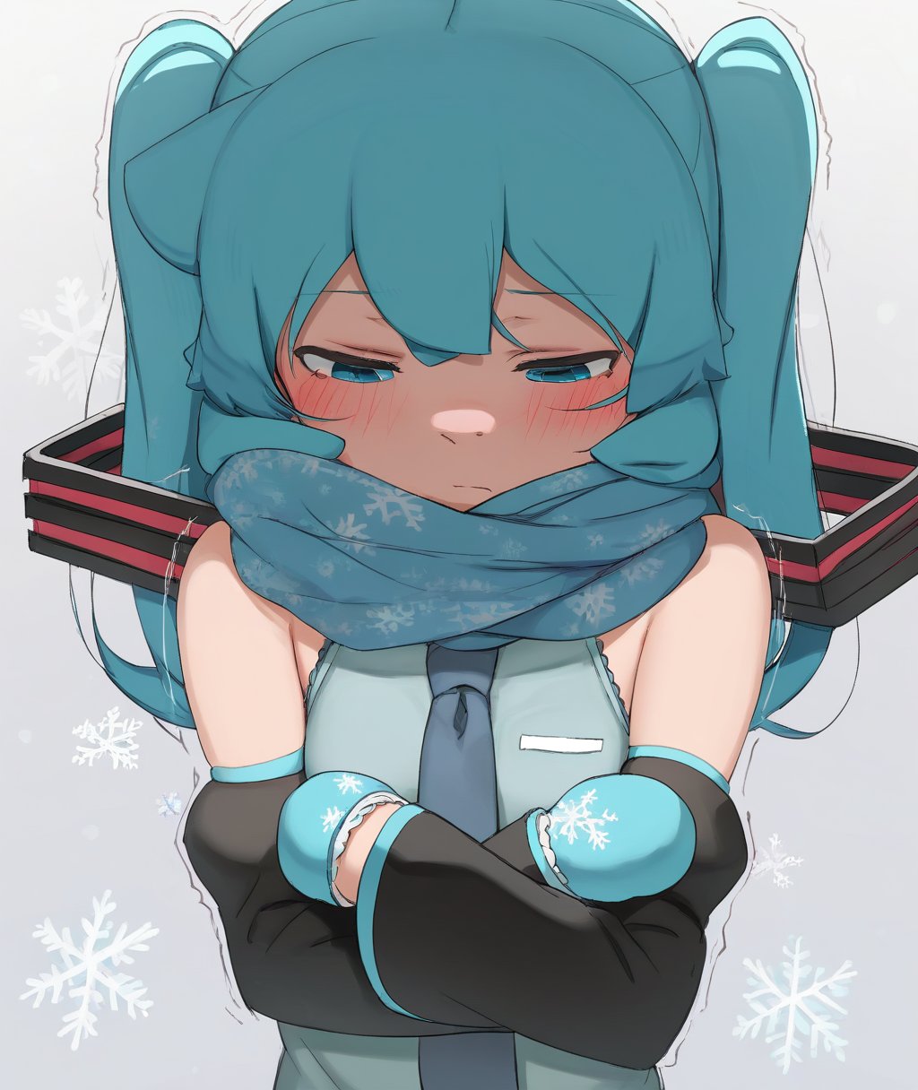 score_9,score_8_up,score_7_up, <lora:abmayo_mfp:1>, abmayo, solo, mittens, cold, 1girl, hatsune miku, scarf, trembling, twintails, long hair, simple background, detached sleeves, necktie, upper body, blue scarf, snowflakes, shirt, bare shoulders, white background, bangs, crossed arms, snowflake print, blush, looking down