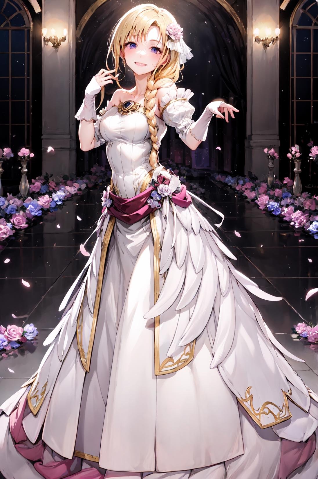 dancing,smile,<lora:louiseV1:0.9>, wed_louise,full body,white glove,dress,brooch、 flower, white dress, long dress,wedding dress, bare shoulders, single braid, bridal gauntlets, strapless dress,  hair over shoulder, strapless,dance hall,(masterpiece, best quality, ultra-detailed, best shadow) 