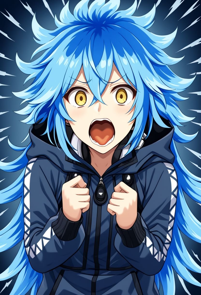 idia_shroud, blue hair, yellow eyes, chibi boy, scared, shocked, screaming, hands up