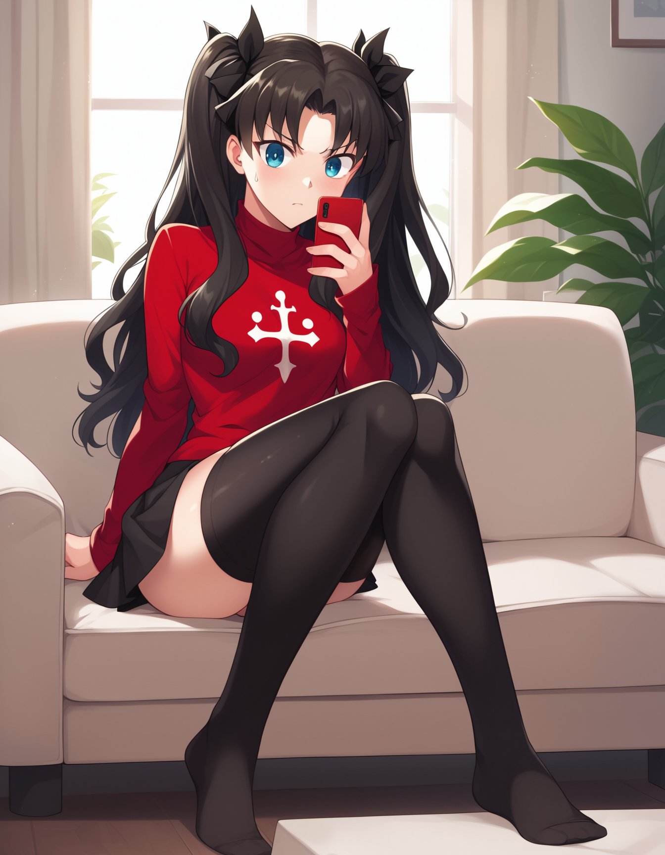 score_9, score_8_up, score_7_up, score_6_up, score_5_up, score_4_up, source_anime,1girl, solo, tohsaka rin, red turtleneck, black skirt, thighhighs, zettai ryouiki, living room, sofa, sitting, looking at phone, surprised, annoyed, sweatdrop, plant