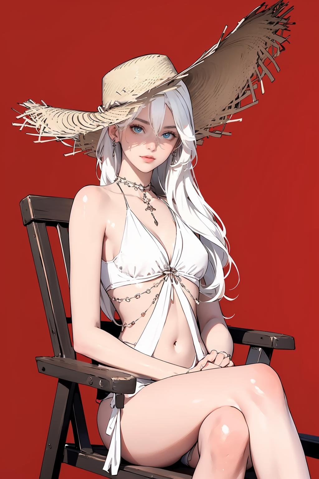 (masterpiece, best quality,masterpiece,illustration,),red background,very long hair,white hair,solo,cowboy shot,sitting on beach chair,beach umbrella,<lora:whiteswimsuit:0.8>,whiteswimsuit,sun hat,