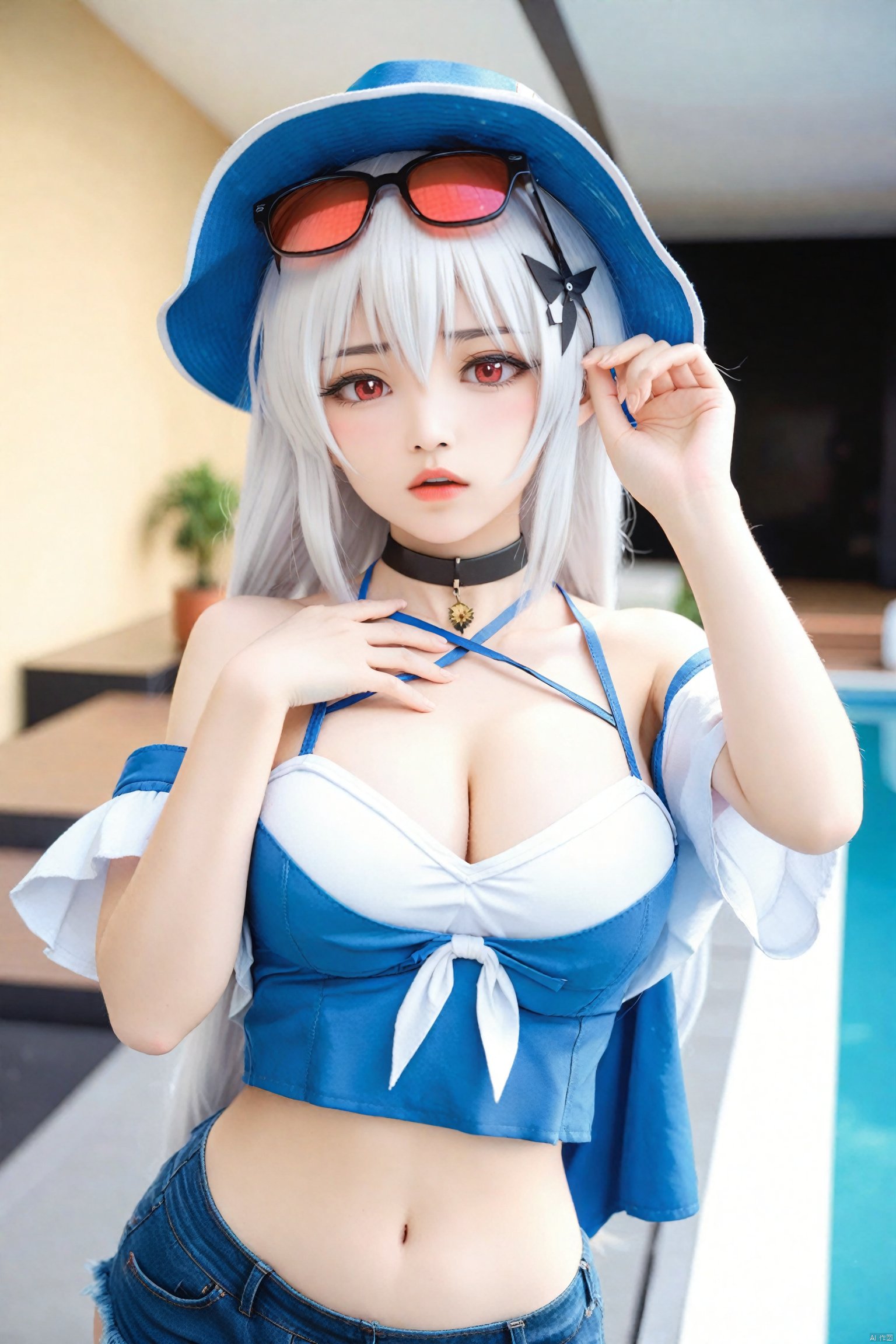 masterpiece,Realism,best quality,loli,1girl,skadi (waverider) (arknights),skadi (arknights),solo,breasts,navel,eyewear on head,long hair,sunglasses,off-shoulder shirt,official alternate costume,looking at viewer,cleavage,off shoulder,bare shoulders,red eyes,choker,white hair,shirt,cowboy shot,hat,hair between eyes,white shirt,black choker,shorts,midriff,stomach,denim,hand up,standing,short sleeves,medium breasts,blue shorts,large breasts,parted lips,finger to mouth,blue headwear,lips,underwear,short shorts,indoors,panties,pants,blurry background,hair ornament,blurry,grey hair,very long hair<lora:EMS-288516-EMS:0.000000>, <lora:EMS-300688-EMS:0.000000>, <lora:EMS-301024-EMS:0.300000>, <lora:EMS-339656-EMS:0.000000>, <lora:EMS-324355-EMS:0.000000>, <lora:EMS-344883-EMS:0.400000>