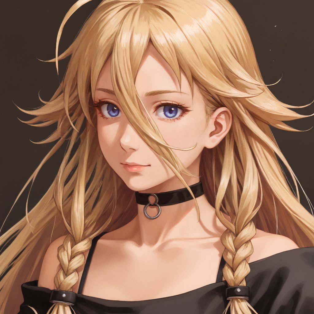 1girl, solo, portrait <lora:IAXLpony1:1> ia, blonde, ahoge, twin braids, floating hair, very long hair, choker,