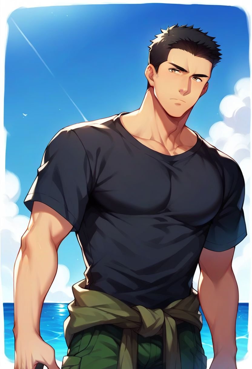 score_9, score_8_up, score_7_up, score_6_up, source_cartoon, malec focus, solo, mature, masculine, manly, hunk, tone, fit, large pecs, bara, simple background, Isami Ao, black hair, (short hair, neat hair, bare forehead), brown eyes, sanpaku, constricted pupils, calm, look at viewer, (black undershirt:1.3), short sleeves, (green jumpsuit around waist, Half off Jumpsuit), (perfecteyes:1.2), on flight deck of aircraft, day, blue sky, ocean