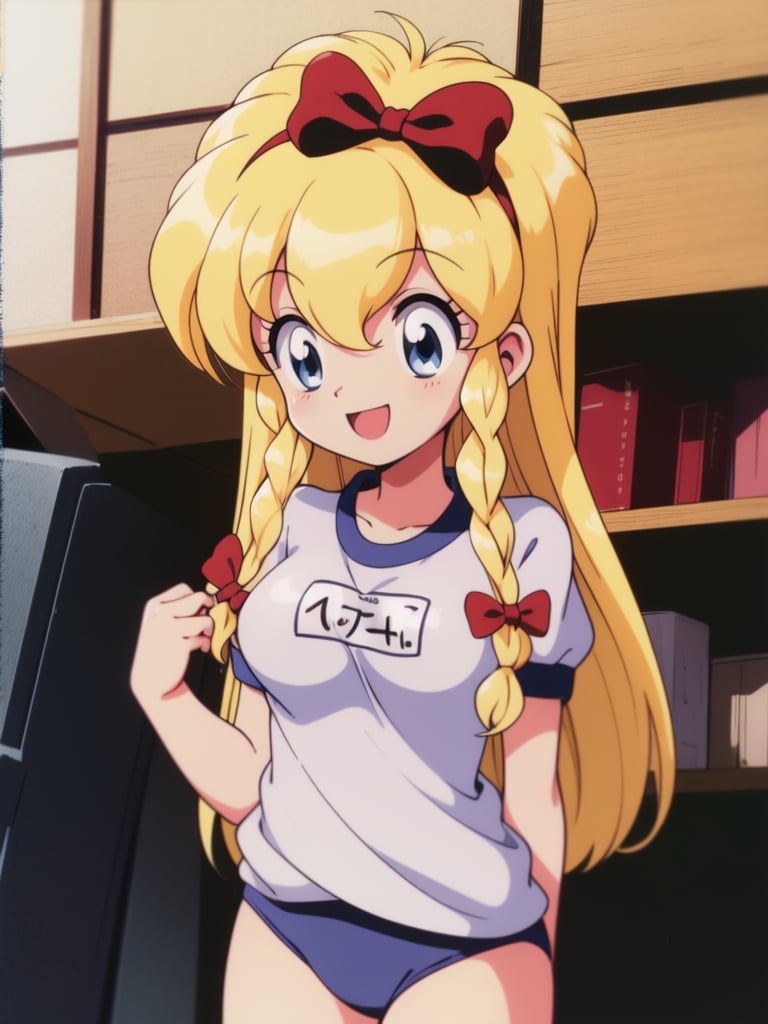 <lora:Maria_Renard:0.8> MariaRenard, very_long_hair, blonde_hair, blue_eyes, braid, hair_bow, red_bow, twin_braids, hairband, smile, large_breasts, child, cowboy Shot,buruma, blush, gym uniform, smile, open mouth, name tag, masterpiece, high quality, very_high_resolution, large_filesize, full color,　1990s \(style\), anime, anime_screencap, animated gif, mp4 ,video, animated, 