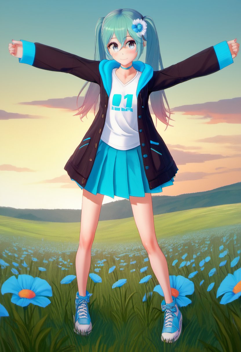 zPDXL, zPDXLxxx, score_9, score_8_up, score_7_up, score_6_up, score_5_up, score_4_up, BREAK  <lora:selebus:0.9>, LiL \\(style\\), flower, 1girl, hatsune_miku, blue flowers, solo, hair ornament, hair flower, blue hair, blue eyes, long hair, flower field, smile, field, looking at viewer, nail polish, outdoors, sky, shirt, full body, hood, choker, jacket, skirt, sunset, cloud, closed mouth, long sleeves, hair between eyes, hood down, sleeves past wrists, hoodie, outstretched arm, open clothes, hooded jacket