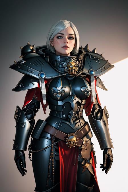 ((Masterpiece, best quality,edgQuality)),solo,1girl,edgAdepta, short hair, white hair, gauntlets, spikes,wearing edgAdepta,power armor,shoulder armor,skull emblem <lora:edgWar40KAdeptaSororitas:1>