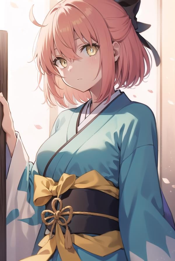 okitasouji, <lora:okitasoujitest:1>, okita souji, ahoge, black bow, pink hair, hair between eyes, hair bow, short hair, (yellow eyes:1.5),BREAK japanese clothes, kimono, sash, blue kimono,BREAK outdoors, city,BREAK looking at viewer,BREAK <lora:GoodHands-vanilla:1>, (masterpiece:1.2), best quality, high resolution, unity 8k wallpaper, (illustration:0.8), (beautiful detailed eyes:1.6), extremely detailed face, perfect lighting, extremely detailed CG, (perfect hands, perfect anatomy),