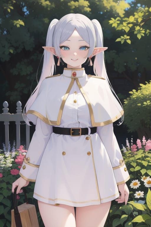 masterpiece,best quality,ultra-detailed,glowing light,(detailed background, complex background:1.2),(perfect face, detailed face),(mature female, milf:1.4),full-face blush,smile,parted lips,thighs,frieren,1girl,long hair,pointy ears,twintails,jewelry,elf,earrings,capelet,white capelet,long sleeves,parted bangs,dress,holding staff,belt,flower,(outdoors, garden),<lora:lbc_Frieren24324_v1.0:1>,