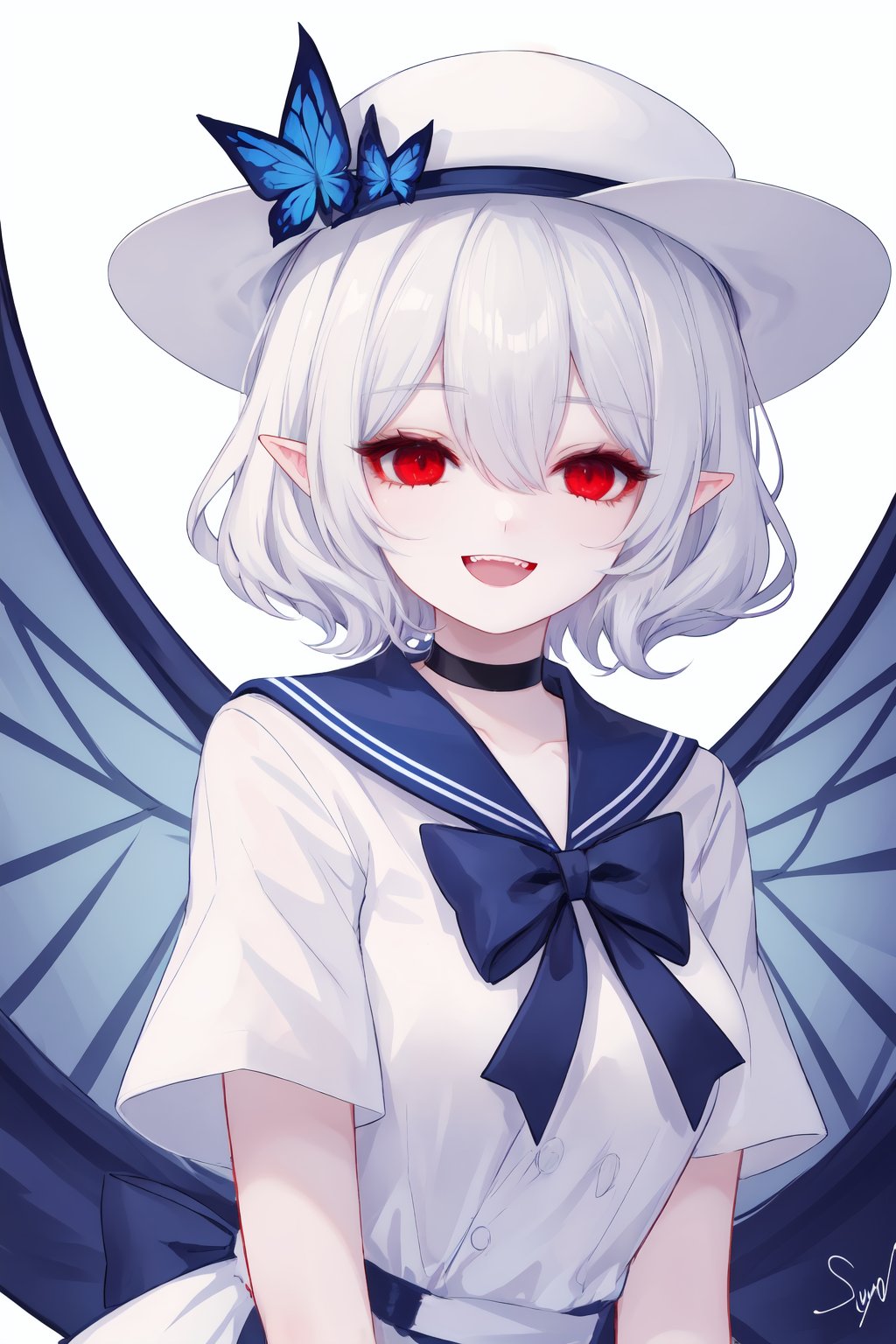 1girl,red eyes,wings,hat,solo,butterfly,bug,bow,choker,blue butterfly,flower,blue flower,white headwear,white hair,looking at viewer,rose,pointy ears,open mouth,hair between eyes,blue rose,smile,upper body,horns,black choker,blue bow,letterboxed,bangs,signature,red nails,blood,:d,sailor collar,fang,hat bow,short hair,shirt,thorns,red wings,sun hat,white shirt,fangs,