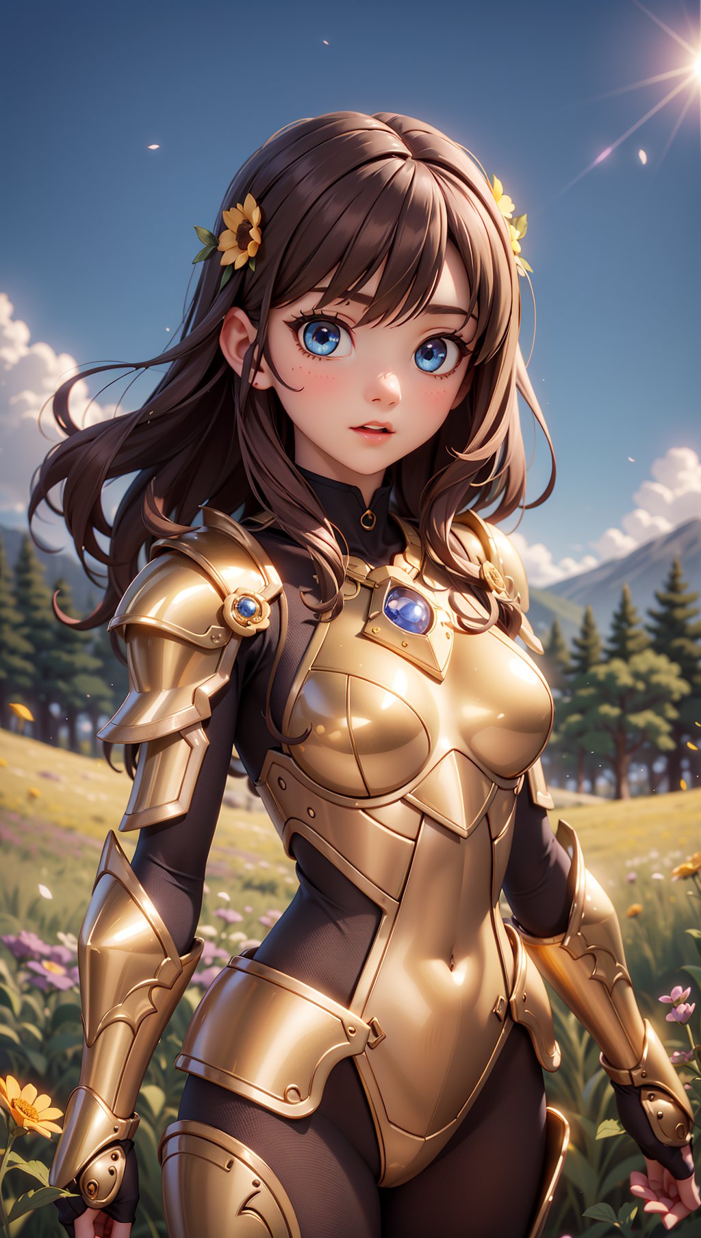 (masterpiece),(best quality),(extremely intricate),(sharp focus),(cinematic lighting),(extremely detailed),A young girl in armor,standing in a meadow of wildflowers. She has long brown hair adorned with wildflowers. Her expression is determined,and her eyes are shining with courage. The sun is shining brightly behind her,casting a golden glow over the scene.,flower4rmor,flower bodysuit,Flower,