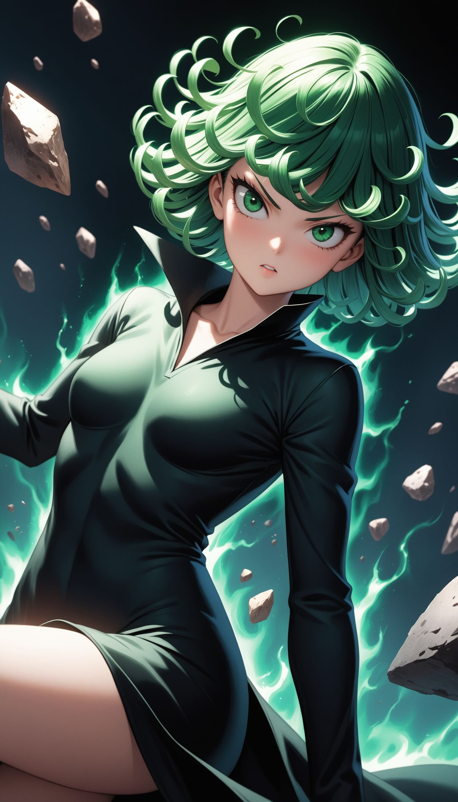 (masterpiece, best quality, very aesthetic, ultra detailed), intricate details,1girl, tatsumaki, one-punch man, black clothes, aura, floating, floating rock, telekinesis, cinematic angle