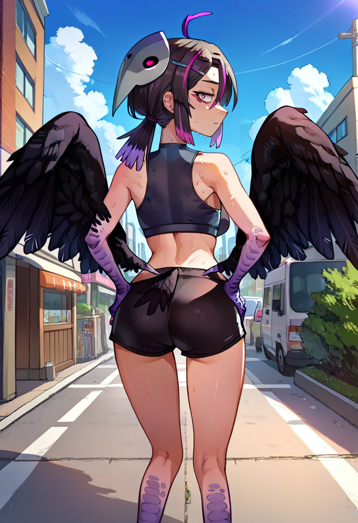 score_9, score_8_up, score_7_up, source_anime, from behind, solo, 1girl, omava, monster girl, harpy, black wings, feathered wings, winged arms, sweat, expressionless, looking back, hands on own hips, ahoge, hairclip, mask on head, black sports bra, black shorts, short shorts, ass, outdoors, city street <lora:orcmassage_ava_ponyXL:1>