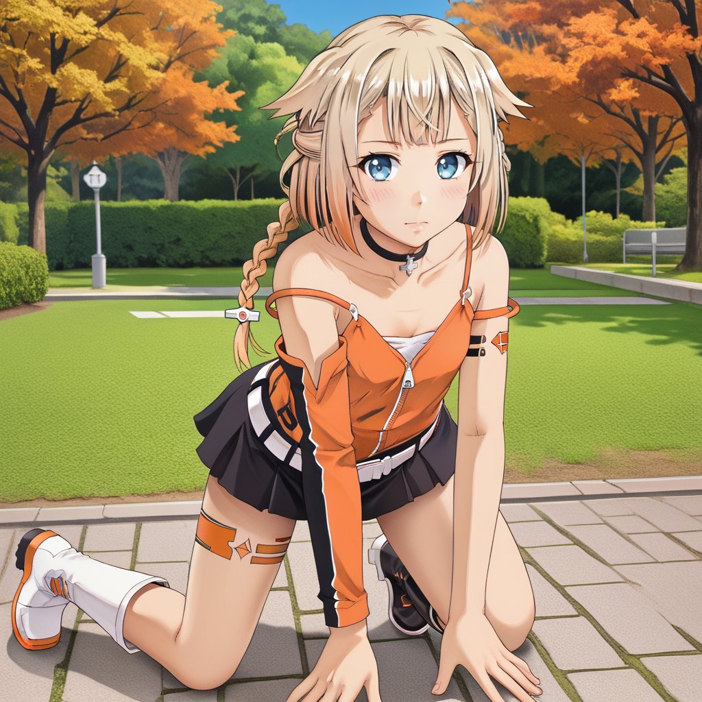 full body, on all fours, park <lora:ONE_CeVIO:1> ONE_CeVIO,blue eyes,blonde,orange tint,single braid,hair flaps,emblem choker,bare shoulders,single sleeve, detached sleeve,orange shirt,spaghetti strap,arm tattoo,leg tattoo,zipper,belt,black skirt,asymmetrical legwear,single black thighhigh,white knee boots