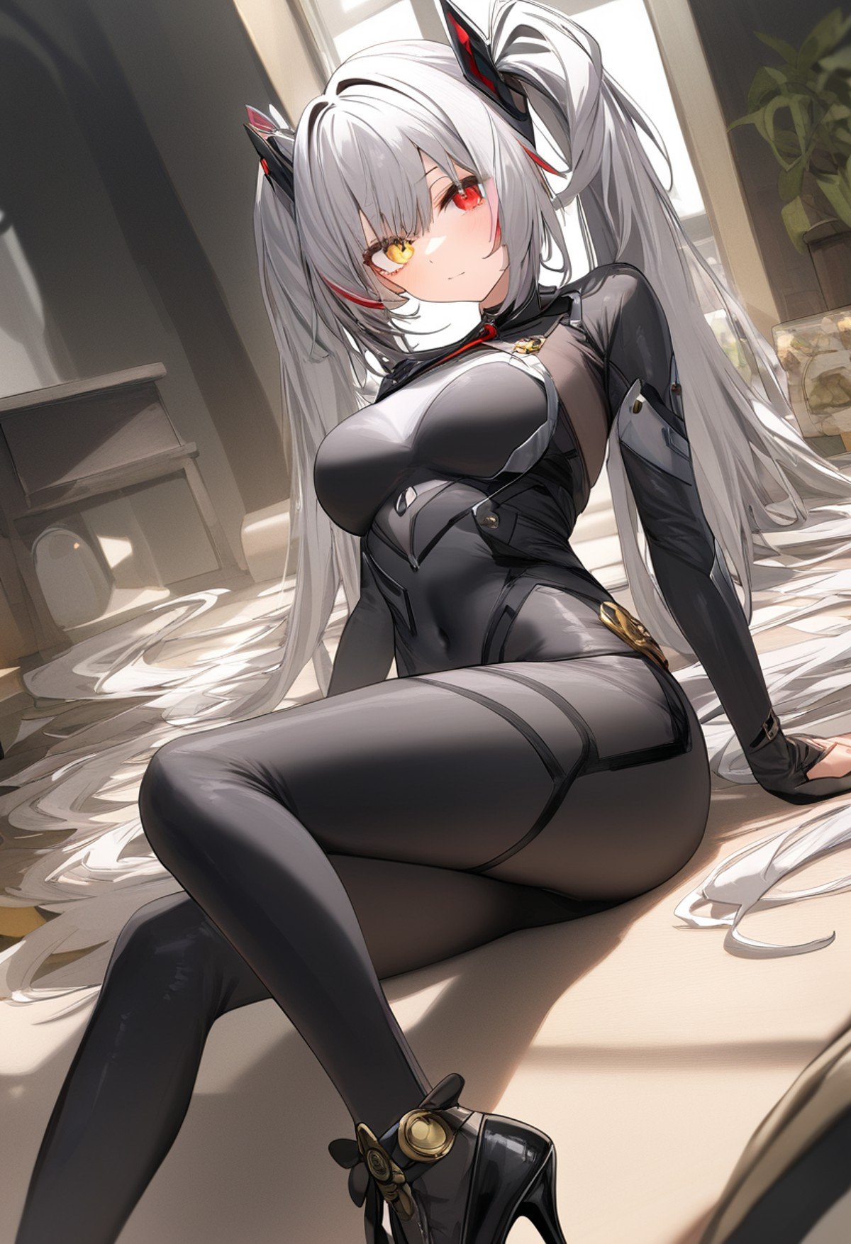 1girl, solo, heterochromia, bodysuit, twintails, high heels, breasts, looking at viewer, yellow eyes, multicolored hair, closed mouth, grey hair, medium breasts, red eyes, white hair,newest,very aesthetic,highly detailed,best quality,absurdres,detailed,HDR,natural light,