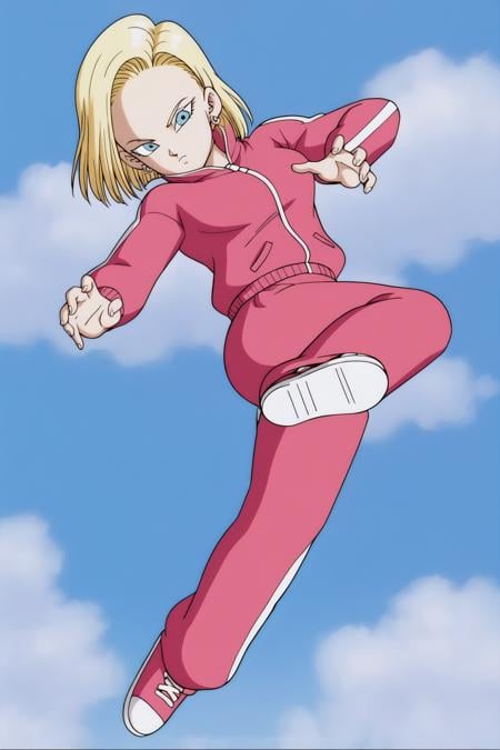 source_anime, score_9, score_8_up, score_7_up, anime screencap,detailed face, android 18, supertop, , 1girl, solo, looking at viewer, short hair, blue eyes, blonde hair, city, street, standing, full body, from behind, flying kick towards viewer, midair, collar up, track jacket, pink jacket, track suit, track pants, pink pants, sneakers, shoe soles,<lora:c18_pony_v1:0.8>