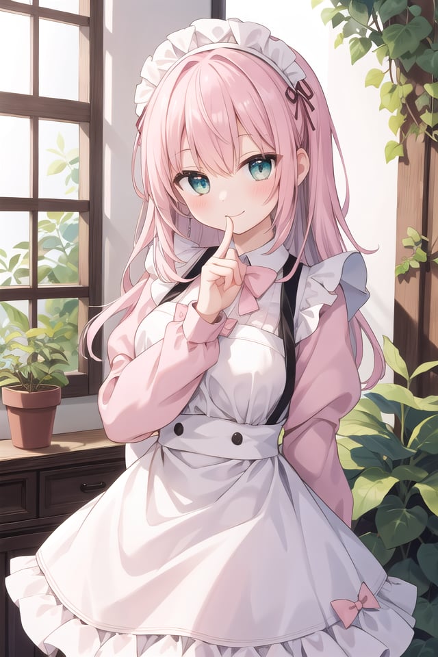 insanely detailed, absurdres, ultra-highres, ultra-detailed, best quality,1girl, solo, nice hands, perfect hands,BREAKapron, blush, bow, bowtie, frilled apron, frills, long sleeves, maid, maid apron, maid headdress, waist apron, white apronBREAKsmile, closed mouthBREAKfinger to mouth, index finger raised, shushing, cowboy shot, looking at viewer,BREAKslender, kawaii, perfect symmetrical face, ultra cute girl, ultra cute face, ultra detailed eyes, ultra detailed hair, ultra cute, ultra beautiful,BREAKday, flower, ivy, leaf, indoors, open door, plant, potted plant, vines, window,BREAKwhite (pink:1.2) hair, green eyes, long hair, medium breasts, bangs, eyebrows visible through hair,