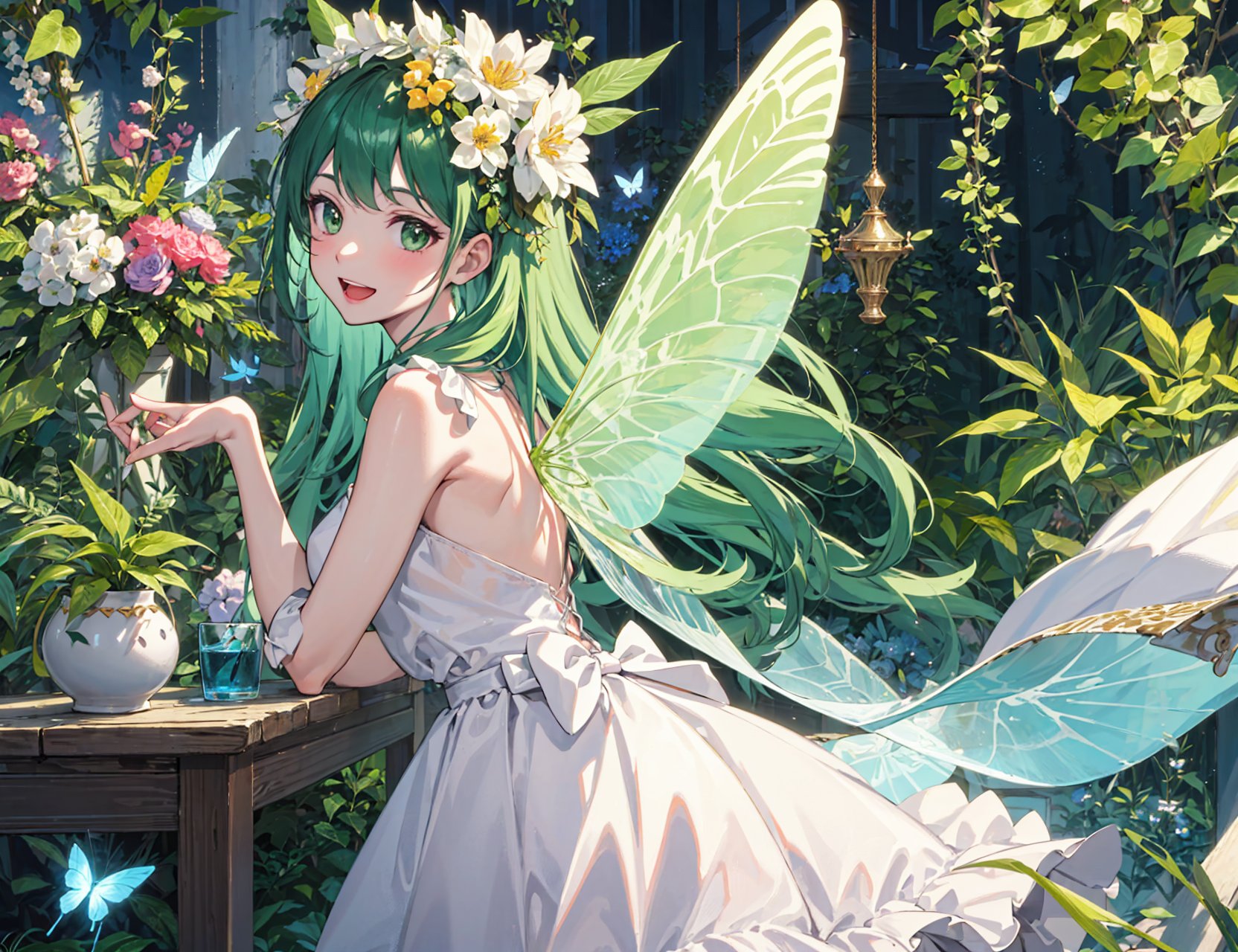 best quality, extremely detailed, masterpiece, finely detail, extremely detailed wallpaper, high resolution,(extremely detailed CG unity 8k wallpaper),(illustrations:1.3)[(solo), (1 girl), green hair, long hair, green eyes, light green dress, transparent butterfly wings, garland, laughing\],spring, sprite, symbolize, revival, blooming flowers, chirping birds, budding trees, tender sprouts, fluttering butterflies, nature, beauty, joy, happiness, rebirth, renewal, growth, vitality, freshness, rejuvenation, optimism, new beginnings, enchantment, wonder, magic