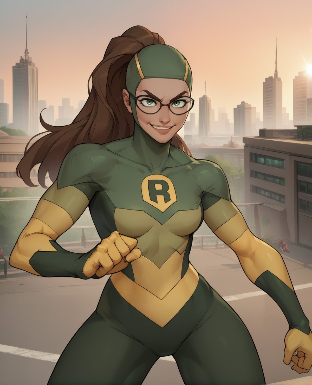 score_9,score_8_up,score_7_up,score_6_up,score_5_up,score_4_up,shrinkingraexl,ponytail,green eyes,green bodysuit,glasses,green bodysuit,R,light smile,city,morning,fighting stance,(insanely detailed,masterpiece, , best quality),<lora:shrinkingRae:0.9>,