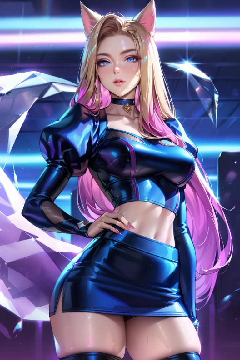 (Masterpiece), mature, HDR,UHD,8K, best quality, Highly detailed, physically-based rendering, extreme detail description, perfect skin, shiny skin, shiny hair,perfect face, 1girl, baddest, blonde hair, blue eyes, pink hair, crop top, high thighighs, multicolored hair, mini skirt, facial mark, animal ears, tail, choker,Ahri, black top, K/DA Ahri, long sleevs, black skirt ,LeagueOfLegendsAhri, long hair, puffy sleeves, crystal, black thighighs, juliet sleeves, whisker markings,ahri, stockings, high stocking<lora:EMS-335737-EMS:0.600000>, <lora:EMS-388761-EMS:0.100000>, <lora:EMS-418641-EMS:0.800000>