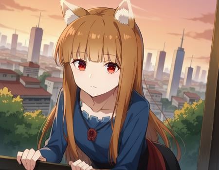 score_9, score_8_up, score_7_up, source_anime,wolfholo, <lora:wolf-holo-alpha-ponyxl-lora-nochekaiser:1>holo, red eyes, bangs, blunt bangs, sidelocks, animal ears, fox ears, brown hair, long hair,dress, long sleeves, collarbone,outdoors, cityscape, bent over,looking at viewer, cowboy shot, dutch angle,