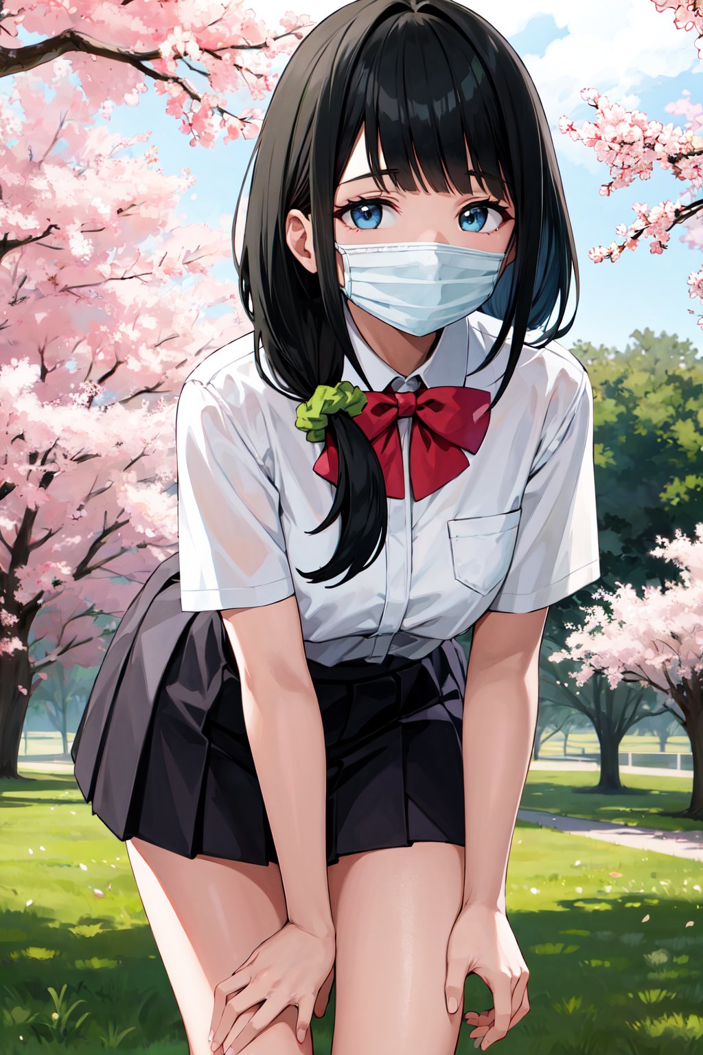 masterpiece, best quality, highres, 1girl, solo, long hair, black hair, hair scrunchie, low ponytail, blue eyes, mouth mask, school uniform, red bowtie, collared shirt, white shirt, short sleeves, pleated skirt, black skirt, <lora:hassu_v1:0.8>, hand on own knee, standing, leaning forward, cowboy shot, outdoors, cherry blossoms,