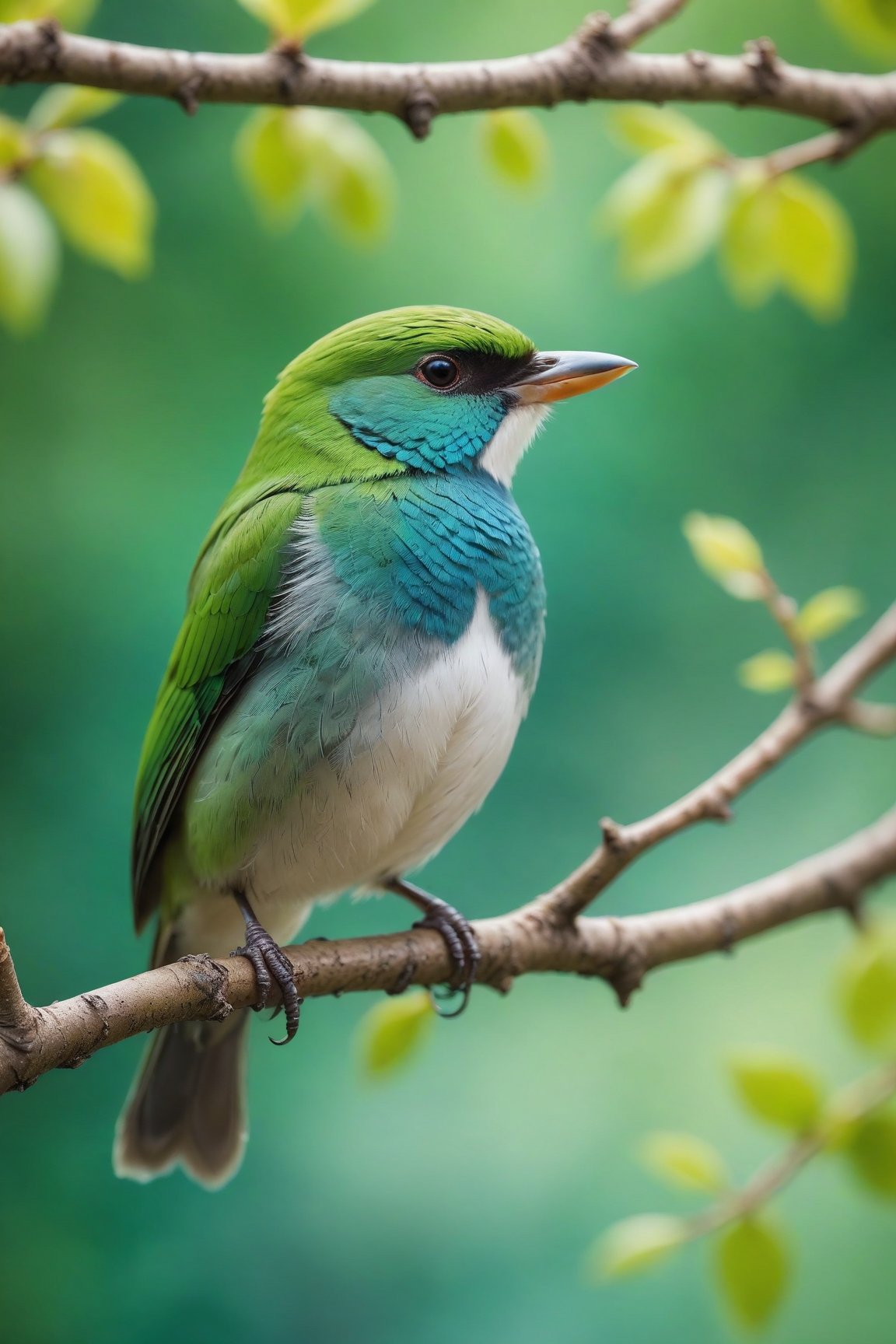 (best quality,8K,highres,masterpiece), ultra-detailed,photorealistic,bird, macro photography, looking at viewer,simple background,jewelry,gradient,bird,animal,green background,branch