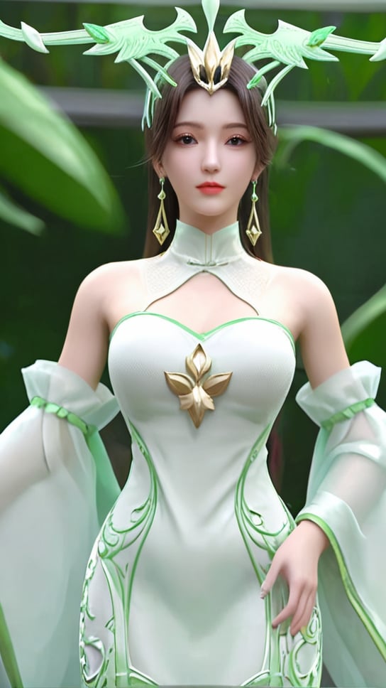 (1girl),smooth chin,masterpiece,detailed face,((hair ornament focus)),top quality,4k,make up,best quality,medium breasts,(looking at viewer),<lora:柳神XL_v1.0:0.8>,full body,legs,white and green dress,hair pin,