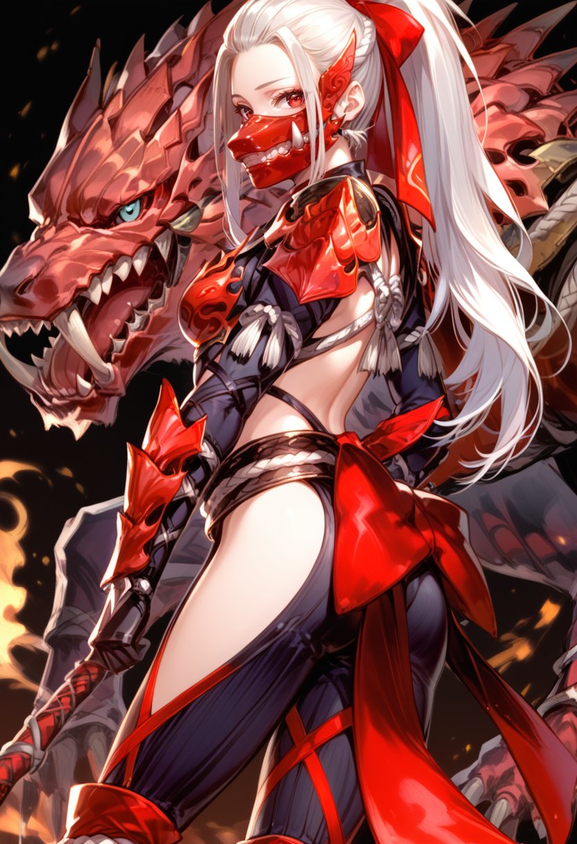 (score_9:0.9),score_8_up,score_7_up,anime style,rating_safe,(zPDXL),<lora:Odogaron Armor Alpha ponyXL v1.5:0.8>,, odogaron alpha armor, red mouth mask, red gauntlets, red thighboots, 1girl, red eyes, solo, long hair, looking at viewer, white hair, looking back, from side