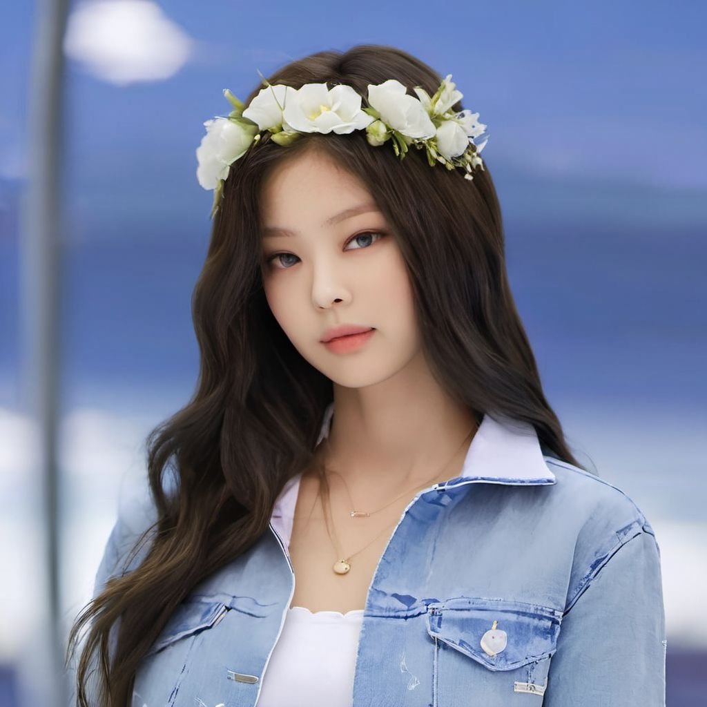 jennie, 1girl, solo, blurry background, black hair, outdoors, light on face, realistic, black eyes, upper body, lips, detailed eyes, detailed iris, detailed face, day, sky, realistic, blurry, blue sky, shirt, white shirt, beautiful hair, jacket, flower crown, closed mouth, looking at viewer, highres, masterpiece, <lora:sayhello0o-XL-jennie-000009:1>