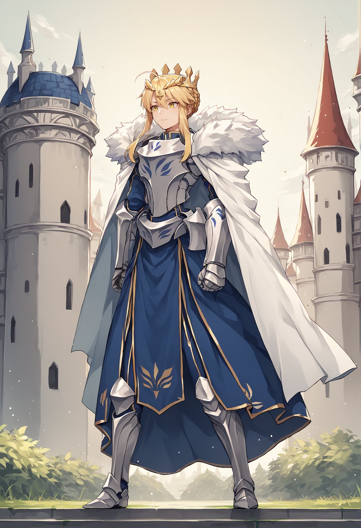 1girl, long hair, blonde hair, yellow eyes, sidelocks, single hair bun, french braid, crown, blue dress, armor, plate armor, gauntlets, greaves, thighhighs, white cape, fur-trimmed cape, helmet, standing, outdoors, castle, cowboy shoy <lora:titoria:1>, score_9, score_8_up, score_7_up, score_6_up, score_5_up, score_4_up, BREAK source_anime, masterpiece