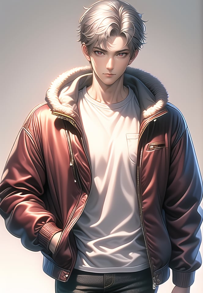 (best quality), ((masterpiece)), (highres), illustration, original, extremely detailed,1boy, male focus, solo, jacket, red eyes, pants, white hair, holding, hand in pocket, fur trim, shirt, tattoo, red jacket, black pants, white background, hood, open clothes, short hair, simple background, white shirt, closed mouth, long sleeves