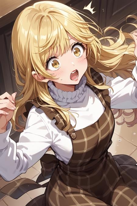 score_9, score_8_up, score_7_up, score_6_up, 1girl, <lora:Tsukimiyama_Nagisa:0.9> nagisa, blonde hair, long hair, yellow eyes, cute, plaid brown apron, long sleeves, high collar, white top, shocked, red lips, high angle,