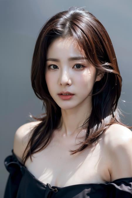 Best quality, masterpiece, ultra high res, (photorealistic:1.4), raw photo,1girl, solo, realistic, looking at viewer, upper body,simple gray background, black dress, <lora:makina69_dara_v1.0:1>