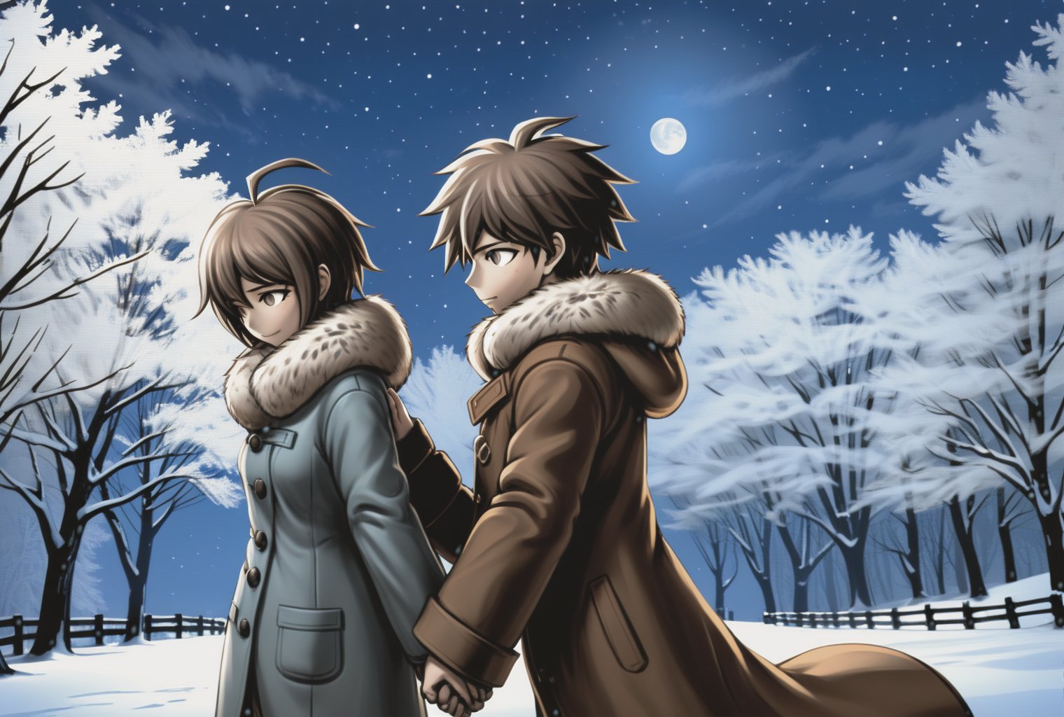 a couple, tender embrace, romantic scenery, moonlit night, silhouette figures, soft illumination, close connection, loving gestures, dreamlike ambiance, cozy atmosphere, warm clothing, winter wonderland, snowy background, handholding, fur coat, cuddle position, content expressions, danganronpa style, thick lines, full-body portrait, detailed eyes, close-up, <lora:danganronpa_style:0.8>