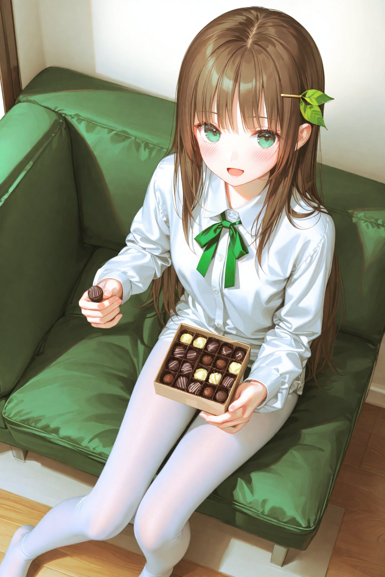 masterpiece,best quality,illustration,ultra detailed,hdr,Depth of field,(colorful),[iumu],[Artist chen bin],Artist himitsu_(hi_mi_tsu_2),1girl,solo,hair_ornament,pantyhose,sitting,long_hair,green_eyes,looking_at_viewer,brown_hair,dress,open_mouth,shirt,white_shirt,white_pantyhose,indoors,no_shoes,blush,long_sleeves,bangs,chocolate,bow,leaf_hair_ornament,couch,box,food,holding,valentine,dated,from_above,breasts,smile,collared_shirt,