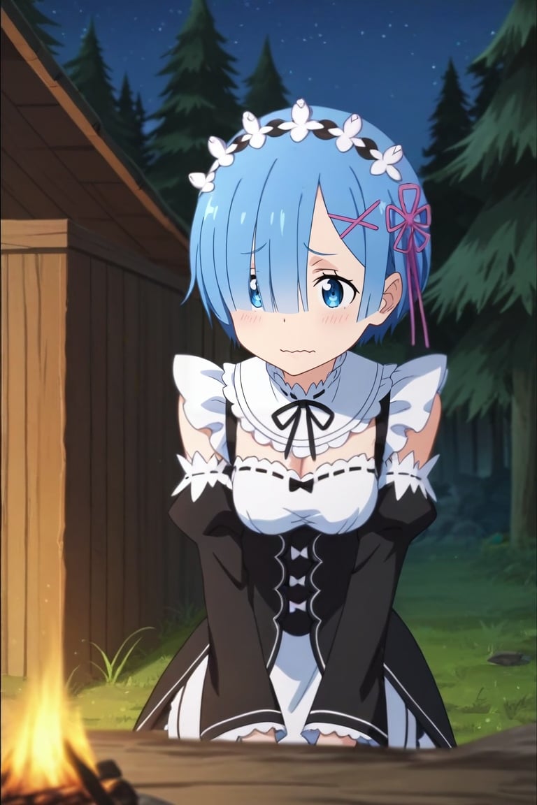 score_9, score_8_up, score_7_up, source_anime, rating_safe, anime screencap, , , depth of field, 1girl, rem \(re:zero\), blue hair, blue eyes, short hair, hair over one eye, maid headdress, solo, asymmetrical, cabin, forest, campfire, night, crescent moon, breast rest, wavy mouth, <lora:sao_style_pony:0.98>, sao_style, , <lora:sdxl_lightning_8step_lora:1>