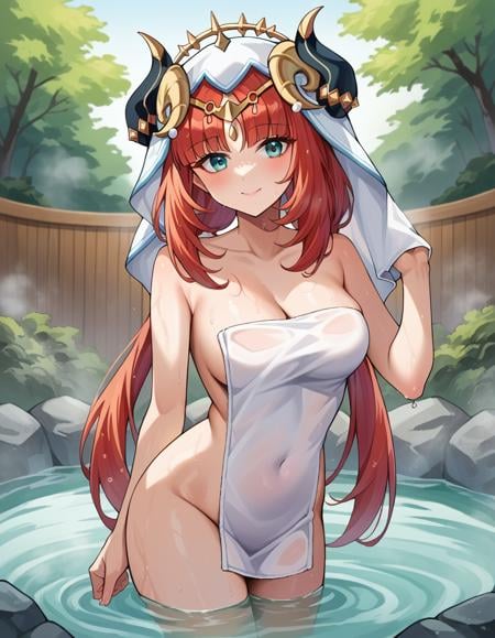 score_9, score_8_up, score_7_up, source_anime,genshinnilou, <lora:genshin-nilou-ponyxl-lora-nochekaiser:1>nilou, red hair, twintails, blue eyes, long hair, smile,nude, naked, outdoors, onsen, towel, naked towel, steam, bathing, nude cover, partially submerged, water, bath, steam censor, wet towel,looking at viewer, dutch angle, cowboy shot, 