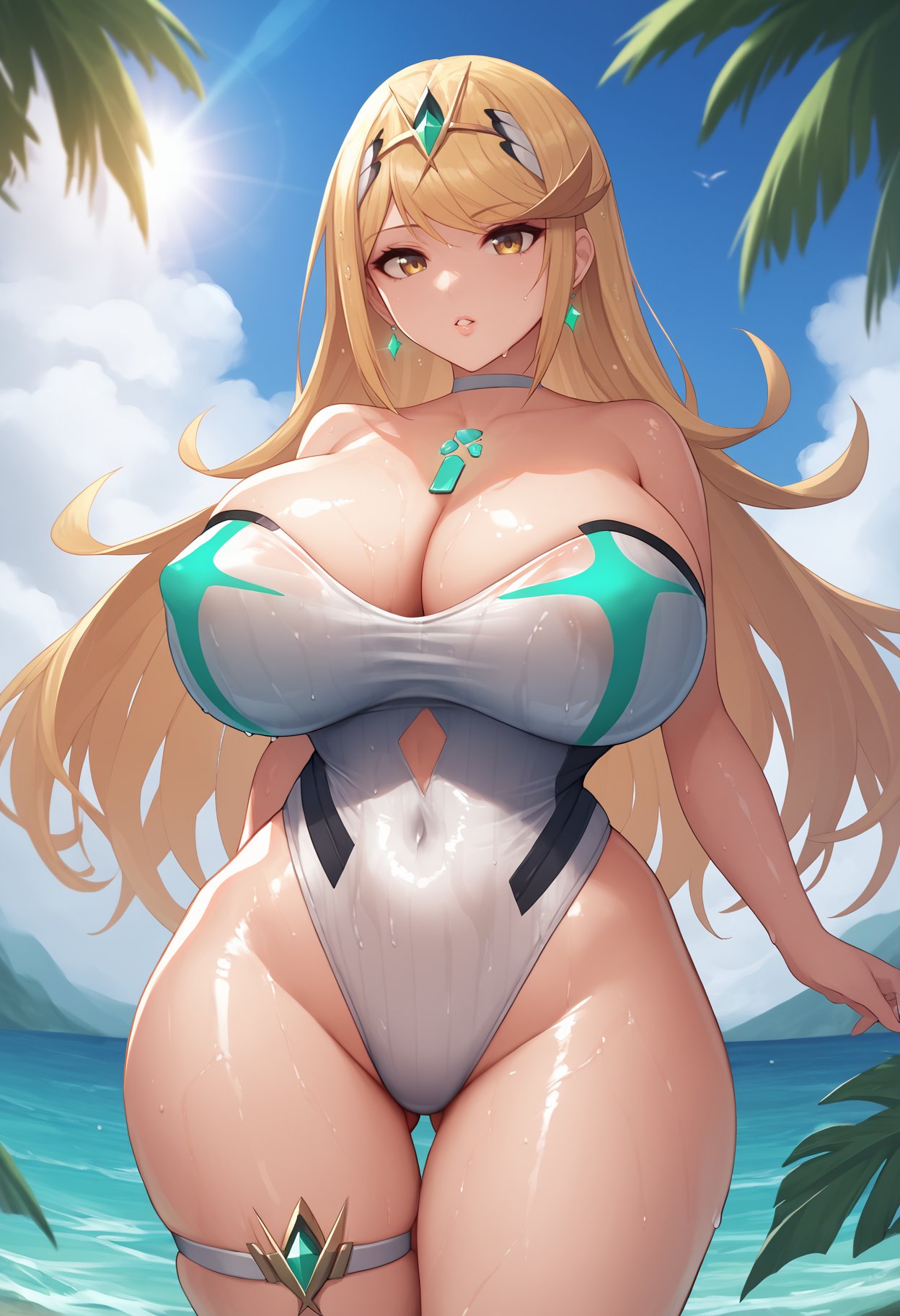 score_9, score_8_up, score_7_up, source_anime BREAK 1girl, solo, <lora:mythra-xb-richy-v1_pdxl:1> mthrsum, yellow eyes, blonde hair, long hair, tiara, earrings, choker, chest jewel, huge breasts, one-piece swimsuit, cleavage, strapless, thigh strap, standing, outdoors, blue sky, looking at viewer, parted lips, wet, shiny skin, shiny clothes, covered nipples, wide hips, thick thighs, beach, sunlight