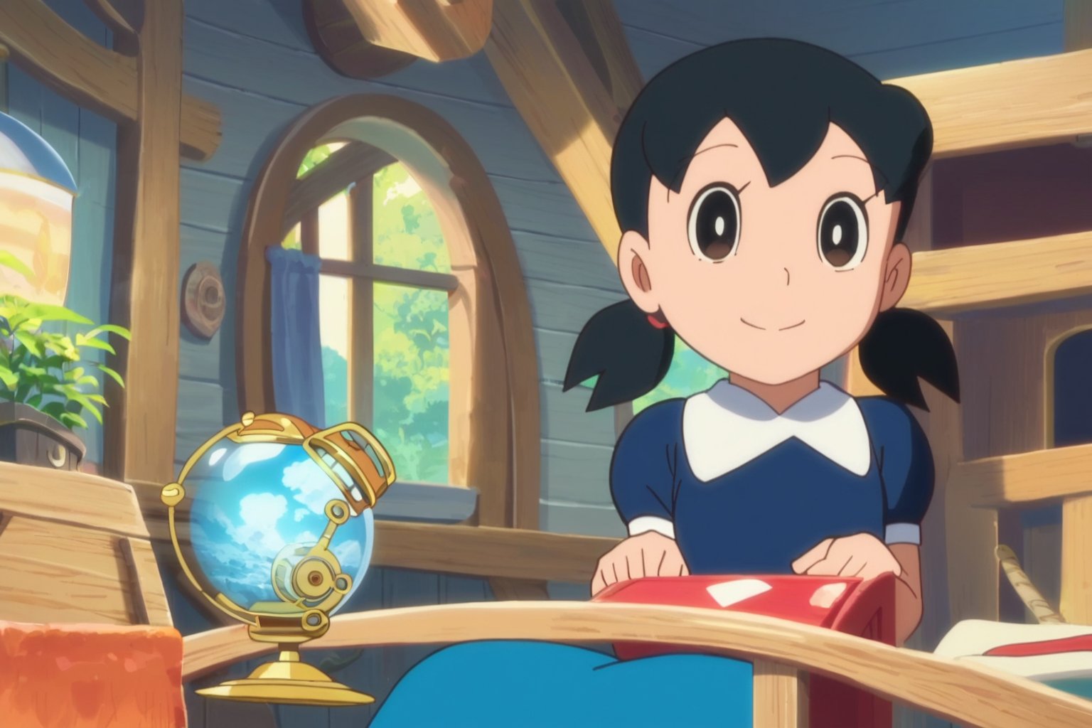 score_9, score_8_up, score_7_up, score_6_up, score_5_up, score_4_up, source_anime,minamoto shizuka, smile, 1girl, solo, low twintails, Teenage girl navigator studying ancient maps in a grand ship's cabin, surrounded by nautical instruments, glowing globe, and exotic artifacts, warm candlelight, tall windows showing a starry night sky and phosphorescent sea, sense of adventure and discovery, child,masterpiece, perfect face, best quality, beautiful eyes, shiny eyes, anime coloring, anime screencap, absurdres, award winning,masterpiece, perfect face, best quality, beautiful girl, cute girl, beautiful eyes, shiny eyes, anime coloring, anime screencap, absurdres, award winning,  <lora:minamoto shizuka dskb 920:1>