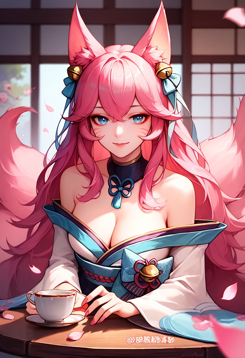 score_9, score_8_up, score_7_up, upper body, solo, 1girl, ahriSprtBlsm, smile, closed mouth, looking at viewer, hands on table, animal ears, animal ear fluff, facial mark, fox tail, multiple tails, long hair, hair between eyes, pink hair, blue eyes, large breasts, hair ribbon, hair ornament, hair bell, japanese clothes, kimono, petals, bare shoulders, cleavage, bow, pink nails, indoors, cafe, table, teacup <lora:Ahri_SpiritBlossom_pdxl_Incrs_v1:1>