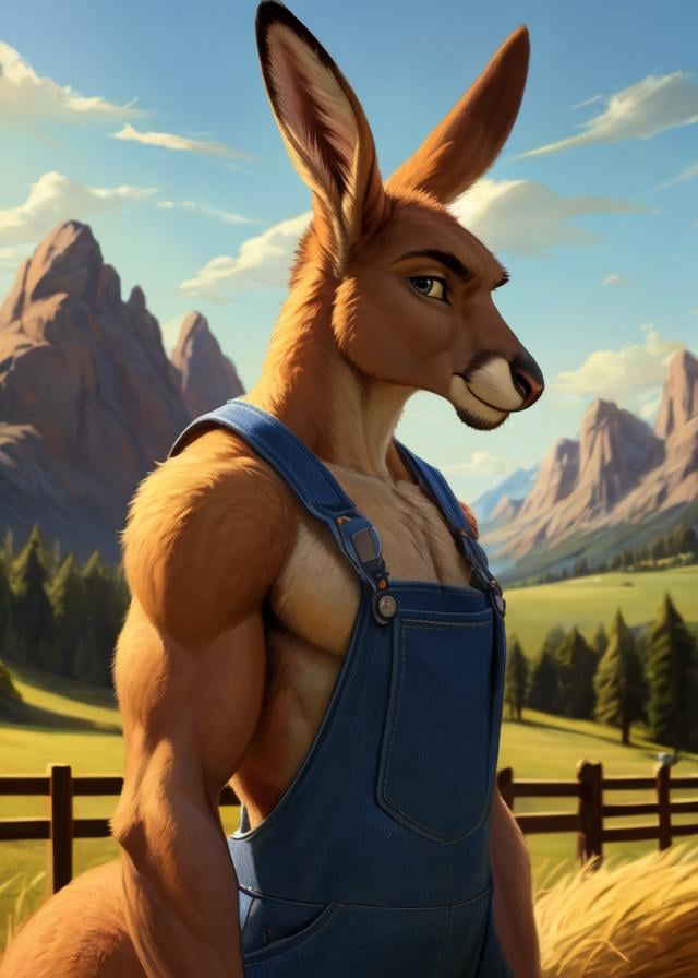 (by Abram Efimovich Arkhipov, by Elmer Bischoff), athletic anthro (kangaroo:1.25), (overalls), standing, (half-length portrait, side view, looking at viewer:1.25), BREAK, barn, outside, haystack, sunny day, mountain, plant, country, detailed background, depth of field, ambient silhouette, backlighting, foreground, masterpiece, best quality, light, 4k, 2k, (high detail:1.25), shaded, photography