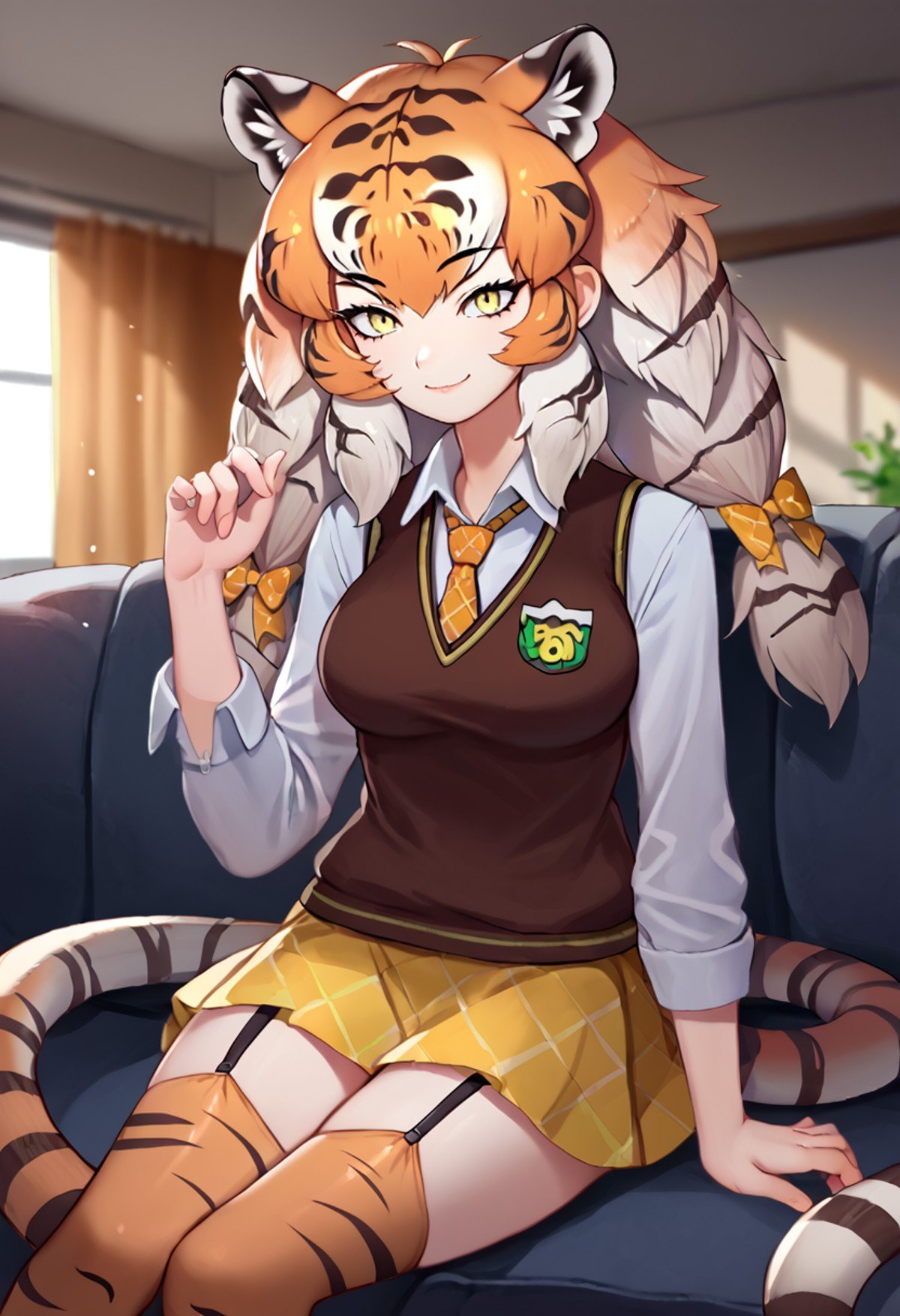 score_9, score_8_up, score_7_up, source_anime, solo, 1girl, kfsibtiger, tiger girl, tiger print, smile, looking at viewer, sitting, couch, twintails, hair bow, animal ears, animal ear fluff, brown vest, sweater vest, emblem, white shirt, collared shirt, yellow necktie, plaid necktie, long sleeves, yellow skirt, print thighhighs, garter straps, tiger tail, indoors, living room <lora:kemonofriends_siberiantiger_ponyXL:1>