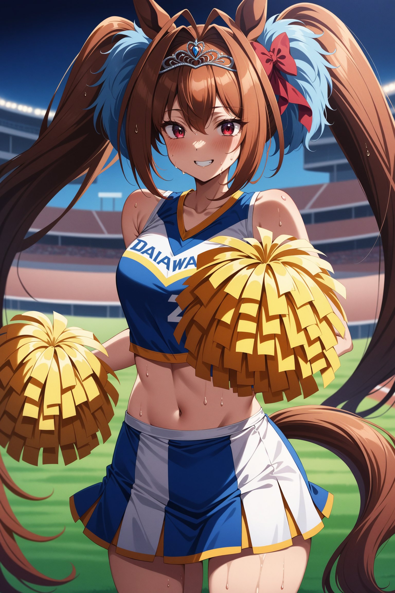 (masterpiece, best quality, very aesthetic, ultra detailed), intricate details, 4k, anime style, aadaiwa, long hair, twintails, hair bow, animal ears, tiara, horse tail, <lora:daiwa_scalet_XL_v1:0.9>, cheerleader, pom pom \(cheerleading\), sweat, miniskirt, stadium, smile, cowboy shot,