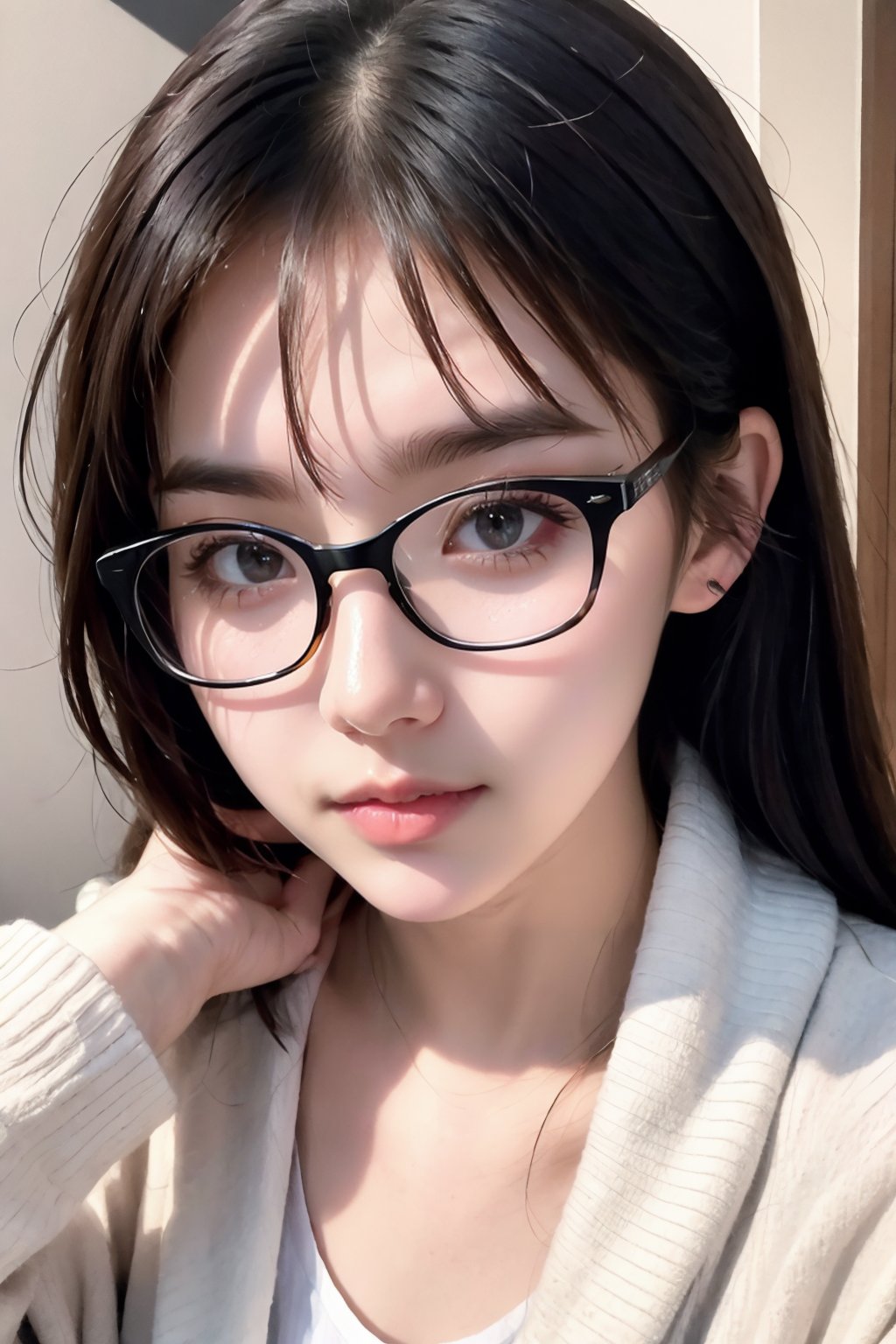 1girl, solo, white shirt, portrait, glasses,