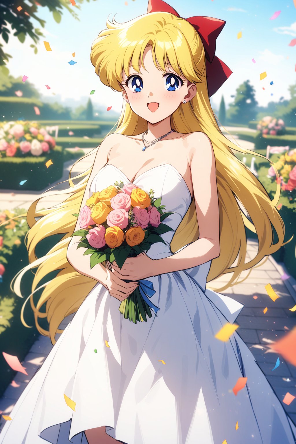 masterpiece, best quality, very aesthetic, absurdres, aavenus, long hair, blonde hair, hair bow, blue eyes, earrings, <lora:sailor_venus_XL_v1(anima):0.9>, wedding dress, white dress, strapless, necklace, outdoors, garden, cowboy shot, holding bouquet, smile, open mouth, standing, cowboy shot, confetti,