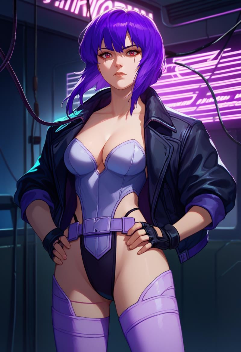 score_9, score_8_up, score_7_up, solo, 1girl, motokosac, expressionless, looking at viewer, standing, hand on own hip, purple hair, black jacket, open jacket, highleg leotard, belt, black gloves, fingerless gloves, purple thighhighs, cleavage, large breasts, science fiction, cyberpunk, indoors, wire, cable, neon lights <lora:ghostintheshell_kusanagi_ponyXL-SAC:1>