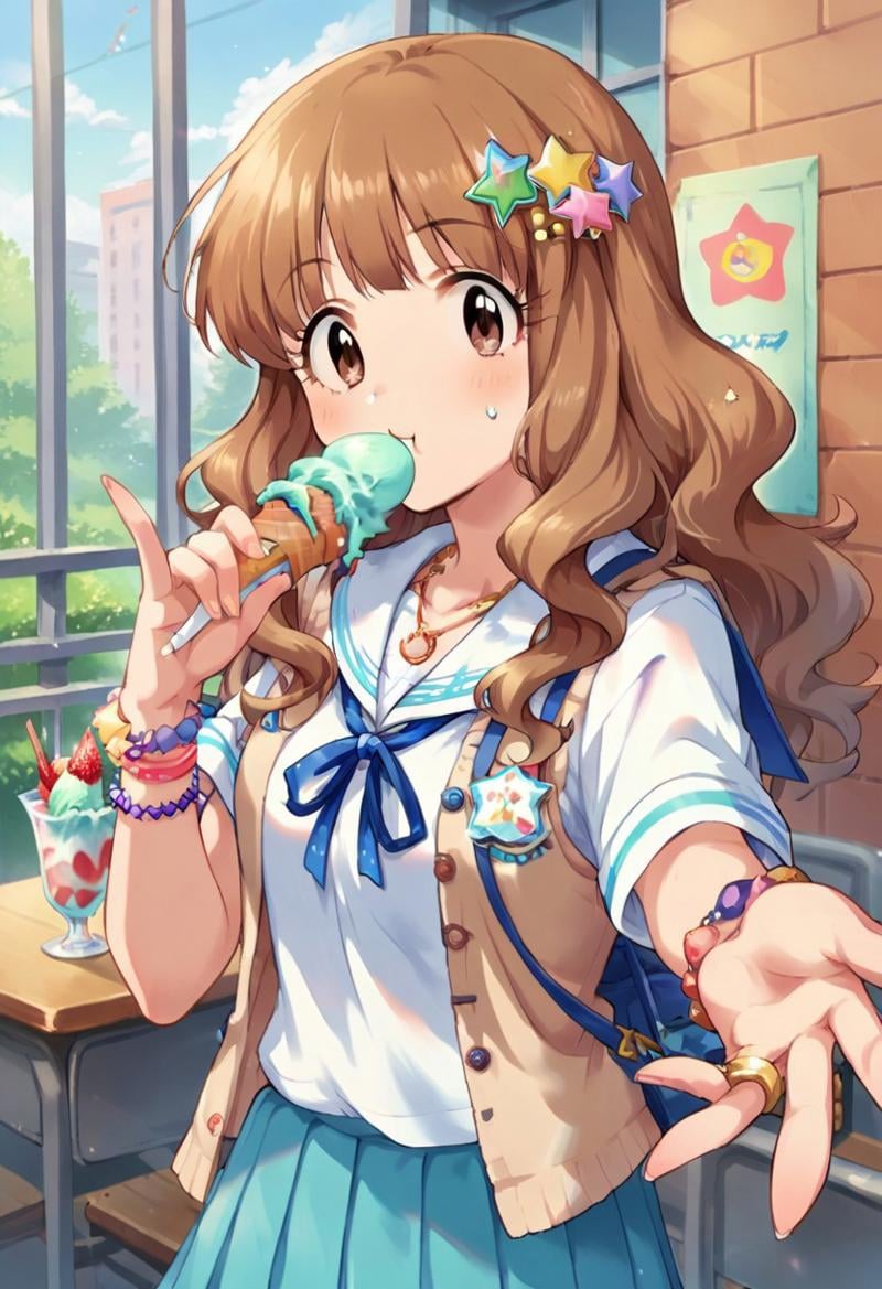 score_9, score_8_up, score_7_up, source_anime,moroboshi kirari, brown hair, brown eyes, long hair, food, star hair ornament, jewelry, bracelet, 1girl, hair ornament, star (symbol), necklace, solo, ice cream, school uniform